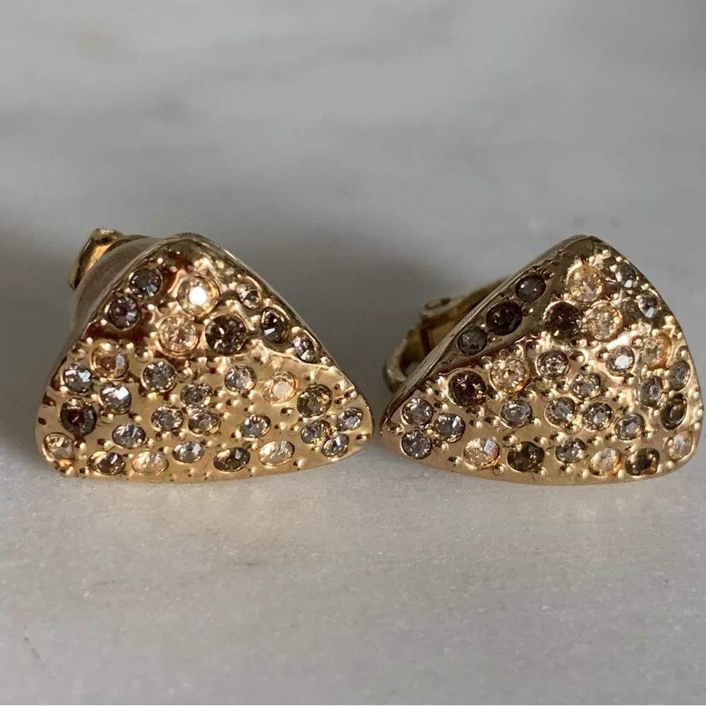SWAROVSKI Goldtone Multicolor Crystal Earrings Triangle shaped clip on earrings